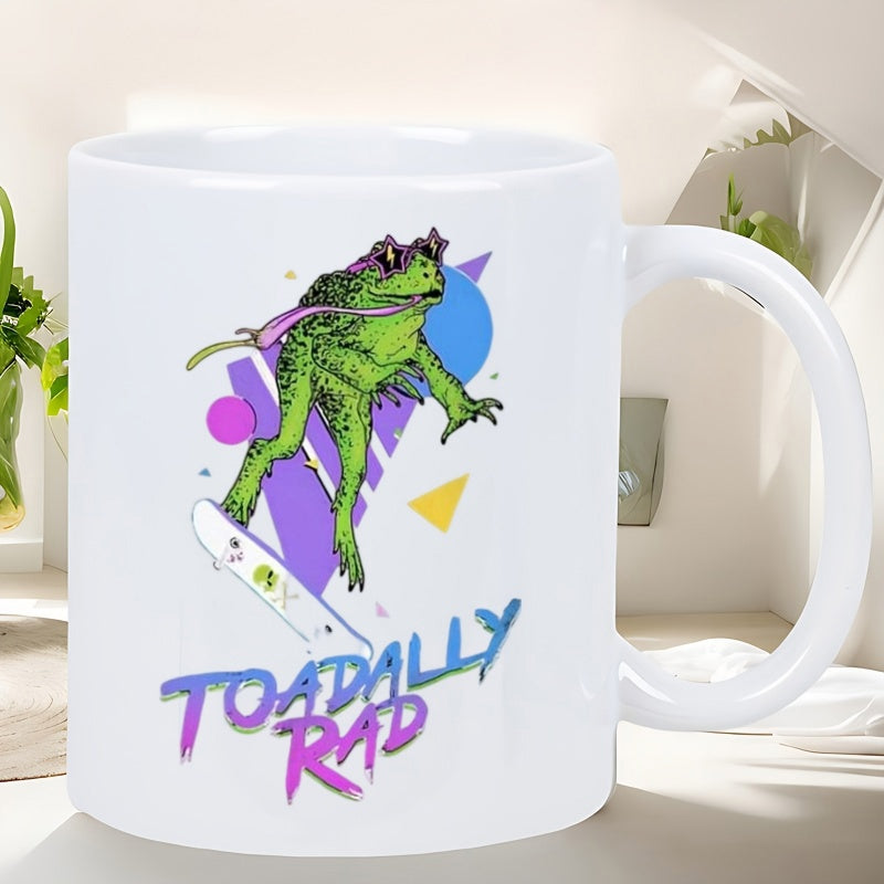 Tailorly White Ceramic 11 oz Mug - Toadally Rad Retro Green Skateboarding Amphibian Amidst Vibrant Colorful Geometric Shapes Toad