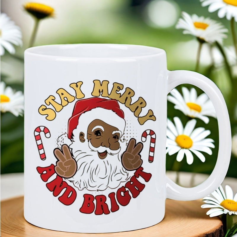 Tailorly White Ceramic 11 oz Mug - Stay Merry And Bright Festive Smiling Character Making Peace Signs Surrounded By Sweet Holiday Candy Canes Santa
