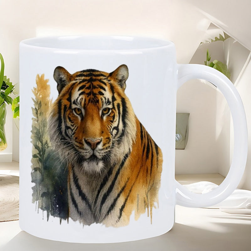 Tailorly White Ceramic 11 oz Mug - Majestic Wild Animal With Artistic Watercolor Textures And Natural Green Foliage Tiger