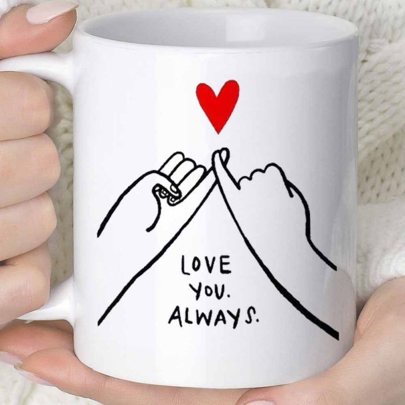 Tailorly White Ceramic 11 oz Mug - Love You Always Minimalist Black Line Art Pinky Promise With A Small Red Heart Mug