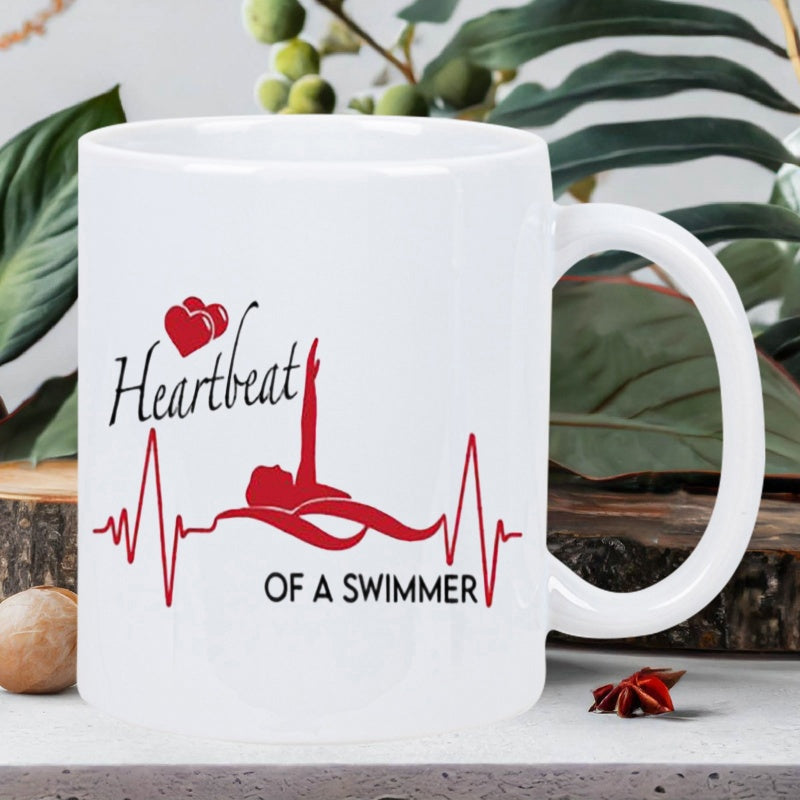 Tailorly White Ceramic 11 oz Mug - Heartbeat Of A Swimmer Dynamic Pulse Line With Red Hearts And Energetic Swimming Silhouette Swimmer