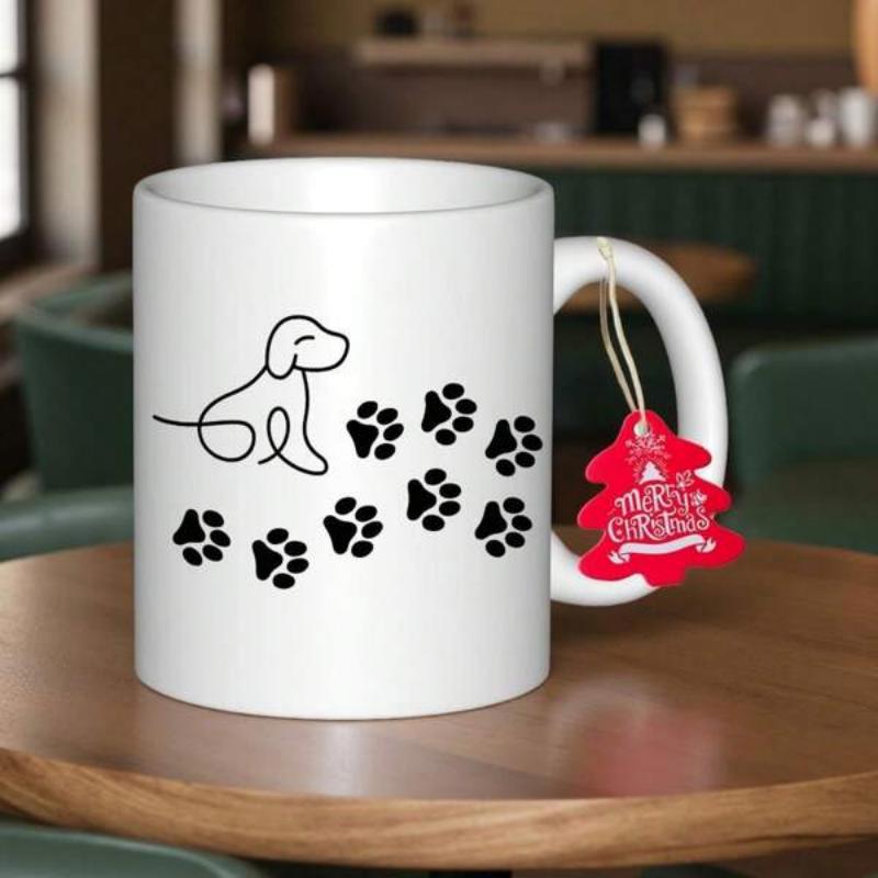 Tailorly White Ceramic 11 oz Mug - Minimalist Line Art Silhouette With Multiple Paws Following A Sitting Puppy Dog