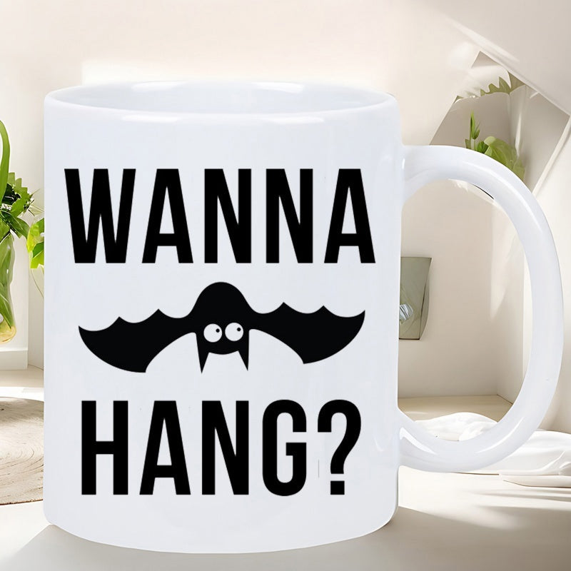 Tailorly White Ceramic 11 oz Mug - Wanna Hang Cartoon Silhouette Of A Cute Flying Creature In Night Bat