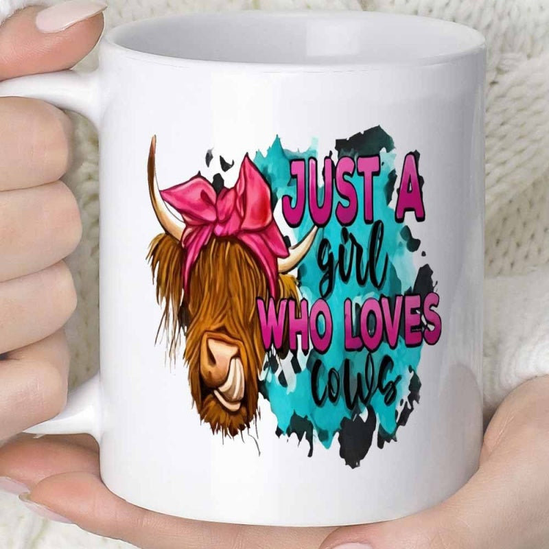 Tailorly White Ceramic 11 oz Mug - Just A Girl Who Loves Cows Shaggy Brown Highland Cow With Pink Bow Among Artistic Splashes Cow