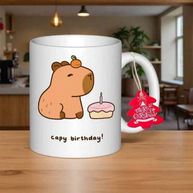 Tailorly White Ceramic 11 oz Mug - Capy Birthday Adorable Hand Drawn Animal Celebrating With A Small Sweet Cake Capybara