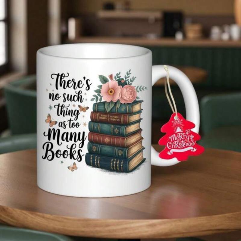 Tailorly White Ceramic 11 oz Mug - There Is No Such Thing As Too Many Books Vintage Stacked Hardcover Volumes Crowned By Delicate Blooming Pink Roses Book