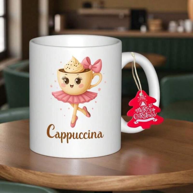 Tailorly White Ceramic 11 oz Mug - Cappuccina Whimsical Coffee Cup Character Wearing Pink Tutu Dancing Like Graceful Ballerina