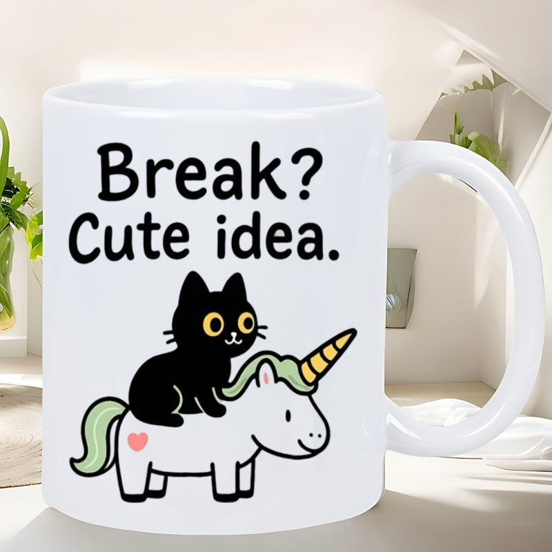 Tailorly White Ceramic 11 oz Mug - Break Cute Idea Adorable Small Black Kitten Sitting On Back Of Magical White Wingless Unicorn Cat