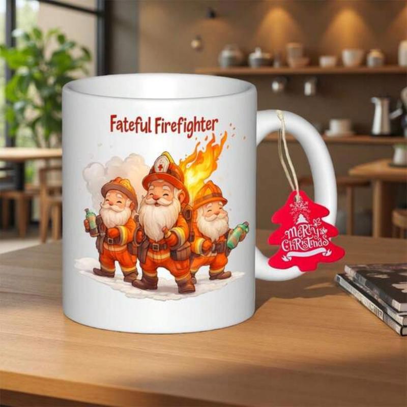 Tailorly White Ceramic 11 oz Mug - Fateful Firefighter Three Brave Miniature Gnomes Wearing Orange Firefighting Gear Among Flickering Bright Flames Gnome