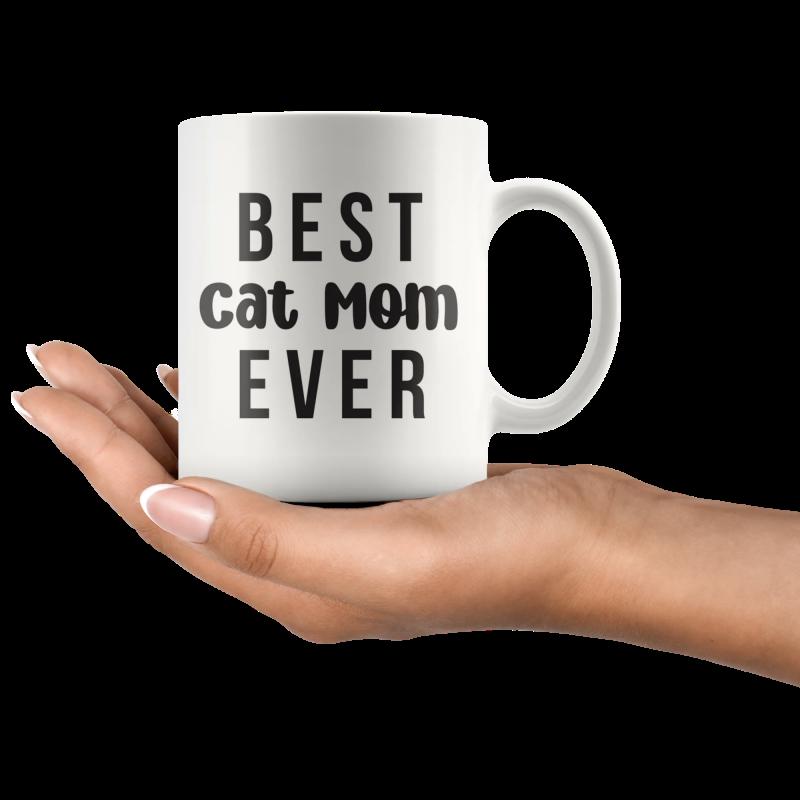 Tailorly White Ceramic 11 oz Mug - Best Cat Mom Ever Minimalist White Ceramic Porcelain Vessel Held By A Delicate Hand Mug