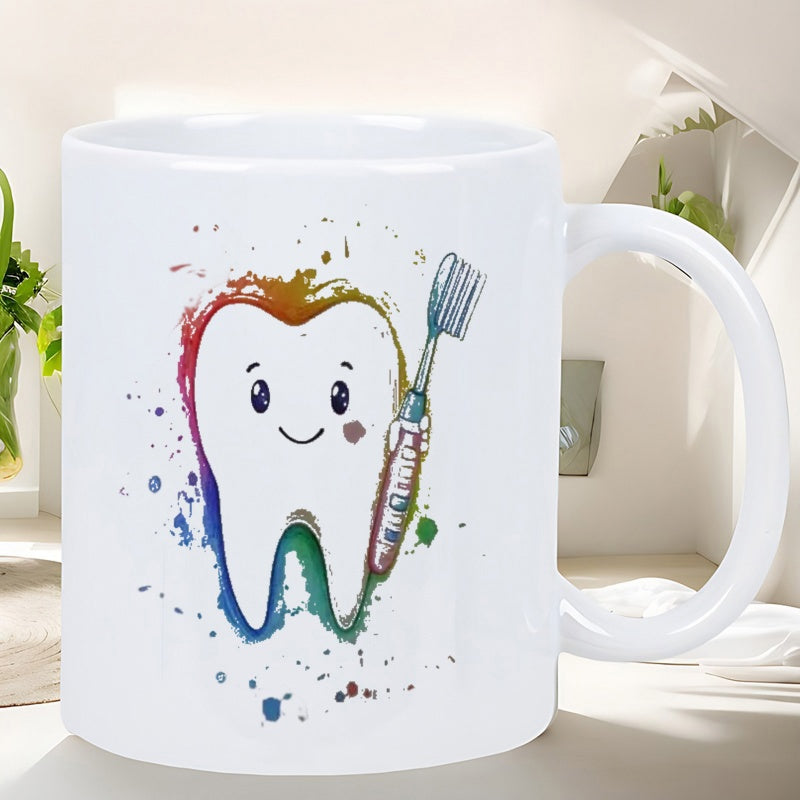 Tailorly White Ceramic 11 oz Mug - Colorful Watercolor Splashes Surrounding A Happy Smiling Cartoon Dental Hygiene Tooth