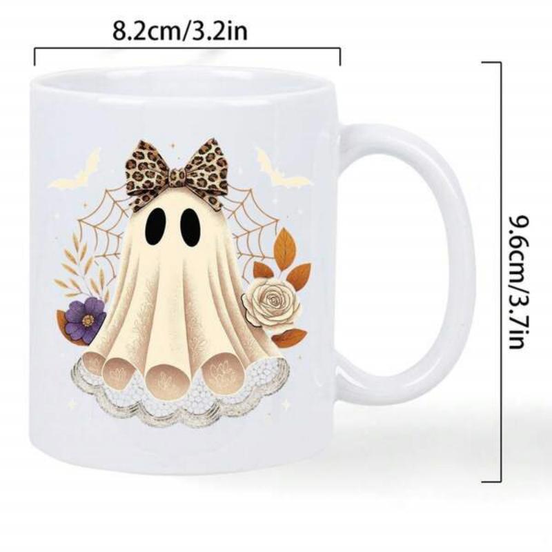 Tailorly White Ceramic 11 oz Mug - Adorable Halloween Ghost Wearing Leopard Pattern Bow Amidst Spider Web And Floral Ghost