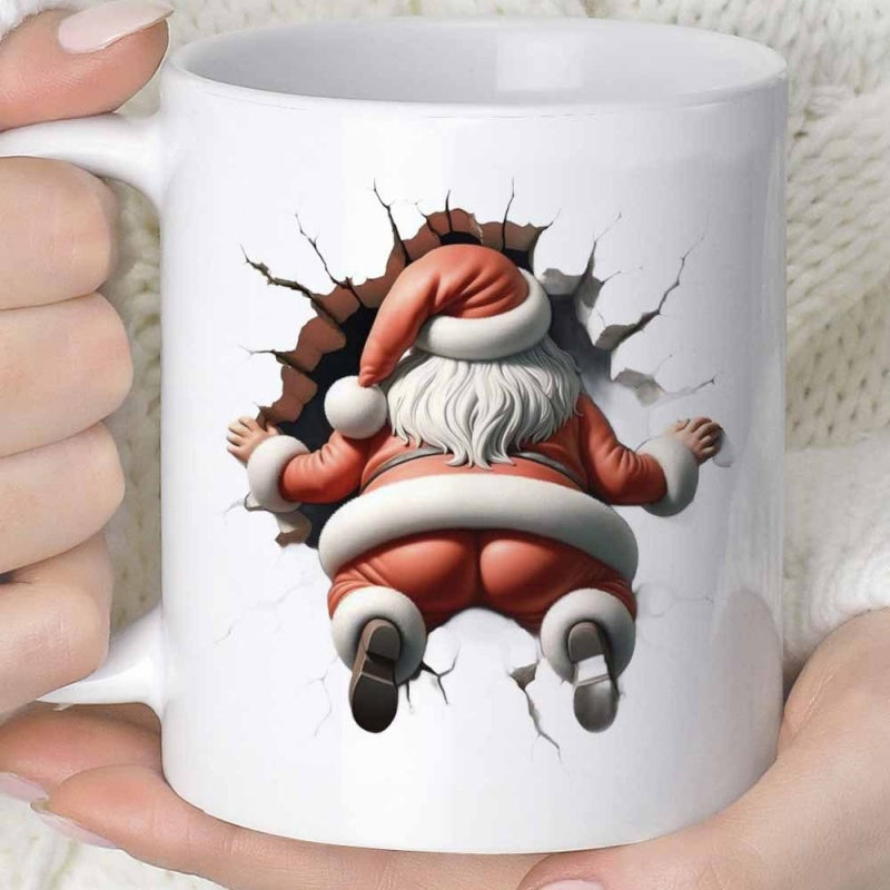 Tailorly White Ceramic 11 oz Mug - Humorous Fat Santa Claus Stuck In A Realistic 3D Cracked Hole Santa