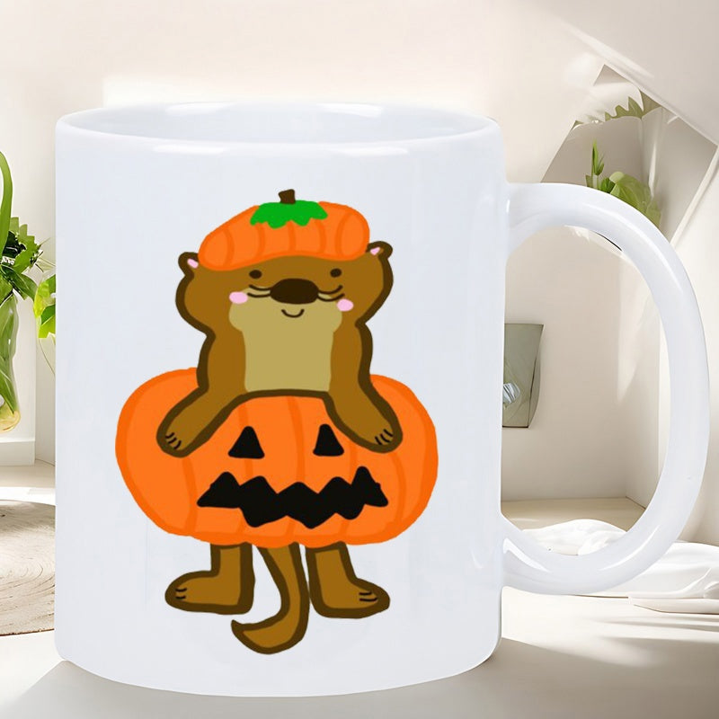 Tailorly White Ceramic 11 oz Mug - Adorable Little Otter Peeking Through A Large Carved Halloween Pumpkin Otter
