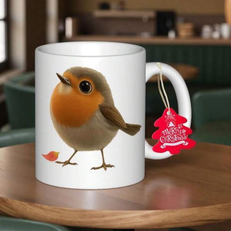 Tailorly White Ceramic 11 oz Mug - Merry Christmas Adorable Round Bird With Orange Breast Standing On Delicate Thin Legs Robin