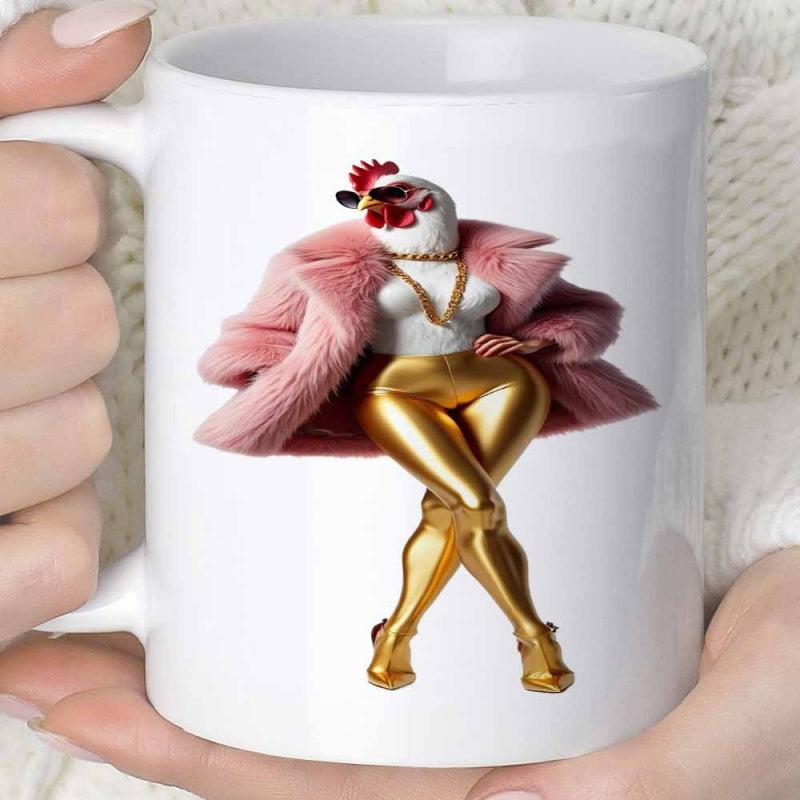 Tailorly White Ceramic 11 oz Mug - Stylish Fashionable Hen Wearing Fluffy Pink Fur Coat And Golden Pants Chicken