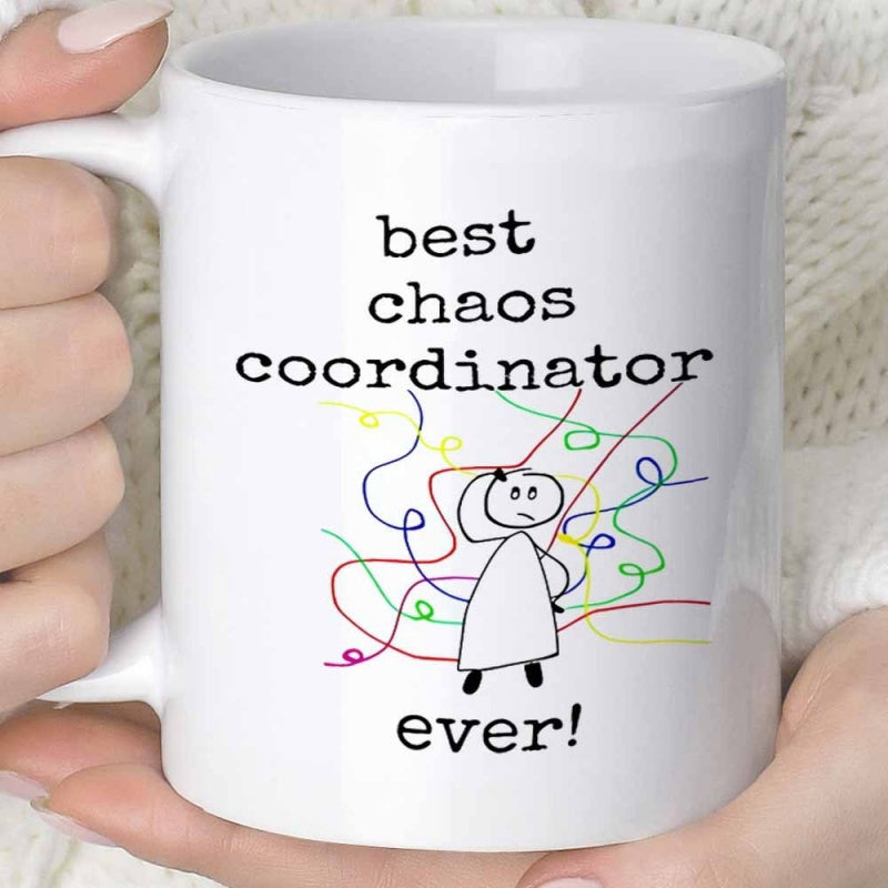 Tailorly White Ceramic 11 oz Mug - Best Chaos Coordinator Ever Simple Stick Figure Standing Among Tangled Colorful Scribbled Lines Mug