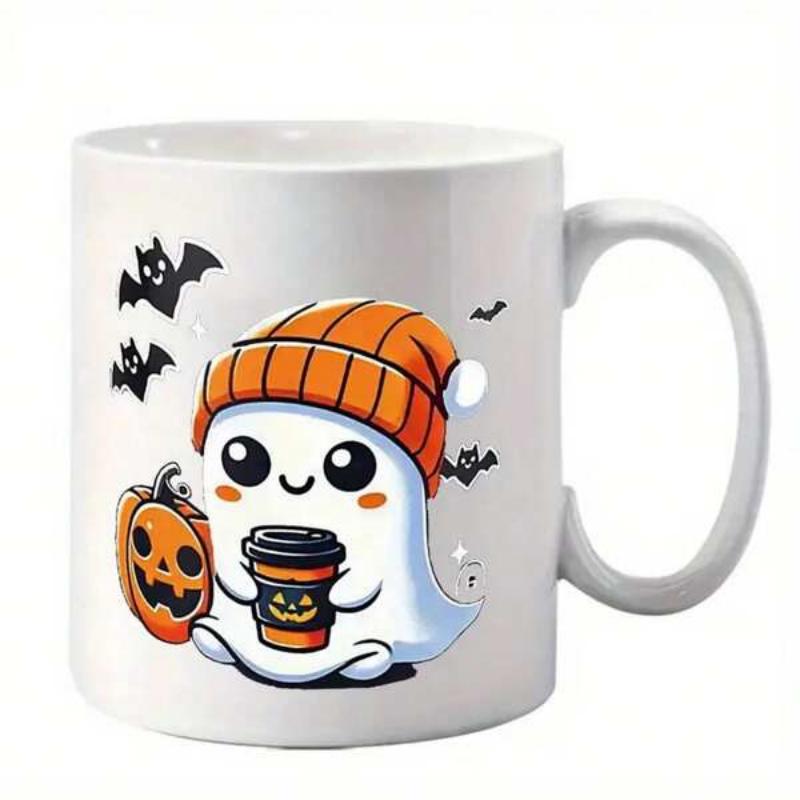 Tailorly White Ceramic 11 oz Mug - Adorable Character Wearing Knitted Hat Holding Autumn Pumpkin Spice Latte Ghost