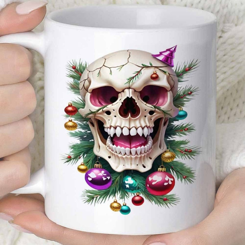 Tailorly White Ceramic 11 oz Mug - Detailed Gothic Style With Festive Evergreen Branches And Colorful Hanging Ornaments Skull