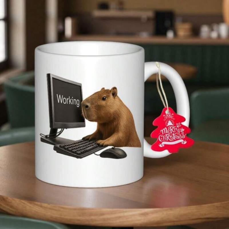 Tailorly White Ceramic 11 oz Mug - Working Adorable Brown Furry Rodent Typing On A Computer Keyboard Capybara
