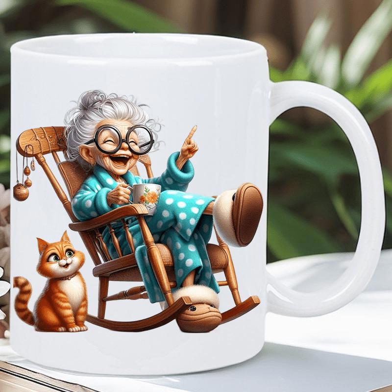 Tailorly White Ceramic 11 oz Mug - Elderly Woman Resting In Rocking Chair Beside Ginger Cat Grandmother