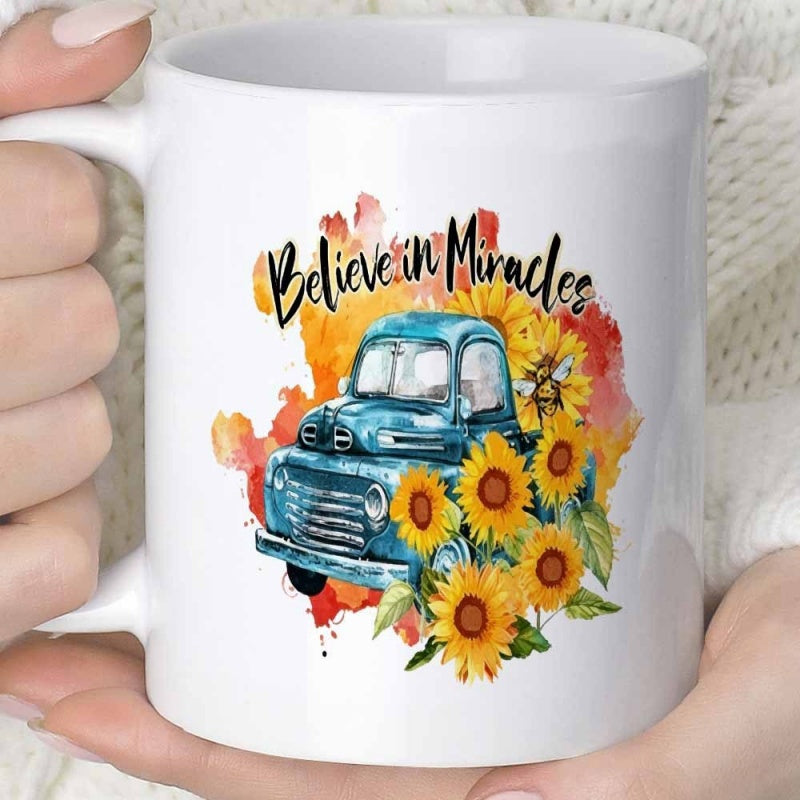 Tailorly White Ceramic 11 oz Mug - Believe In Miracles Vintage Blue Pickup Truck Surrounded By Blooming Sunflowers And Golden Bee Truck