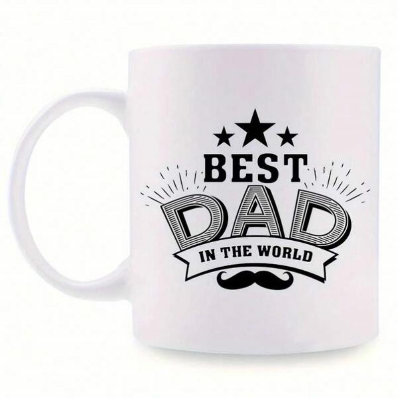 Tailorly White Ceramic 11 oz Mug - Best Dad In The World Decorative Typography With Classic Mustache And Shining Stars Themed Metal Sign