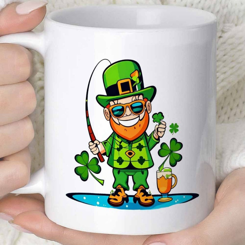 Tailorly White Ceramic 11 oz Mug - Lucky St Patricks Day Fishing Character Wearing Sunglasses Holding A Clover Leprechaun