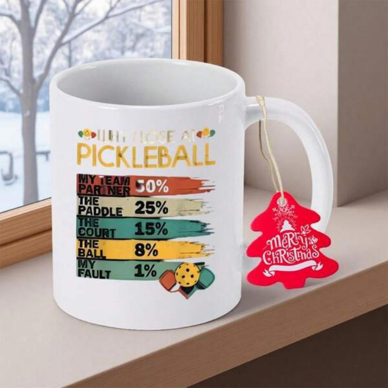 Tailorly White Ceramic 11 oz Mug - Thinking About Pickleball Vibrant Paint Strokes Featuring A Sporty Yellow Ball Pickleball