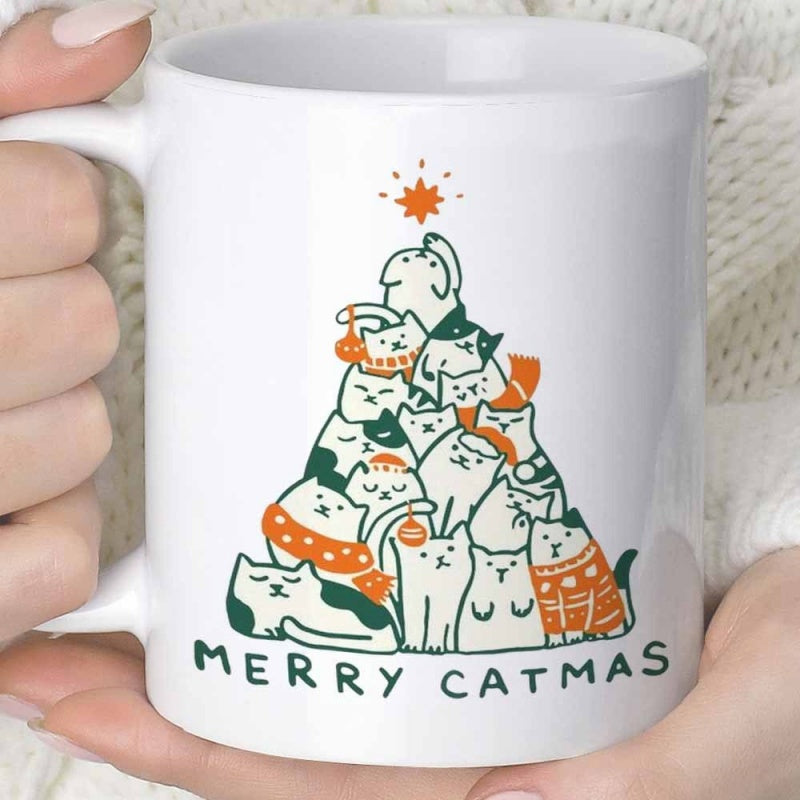 Tailorly White Ceramic 11 oz Mug - Merry Catmas Whimsical Stacked Kittens Forming A Decorative Festive Holiday Pine Tree With Star Cat