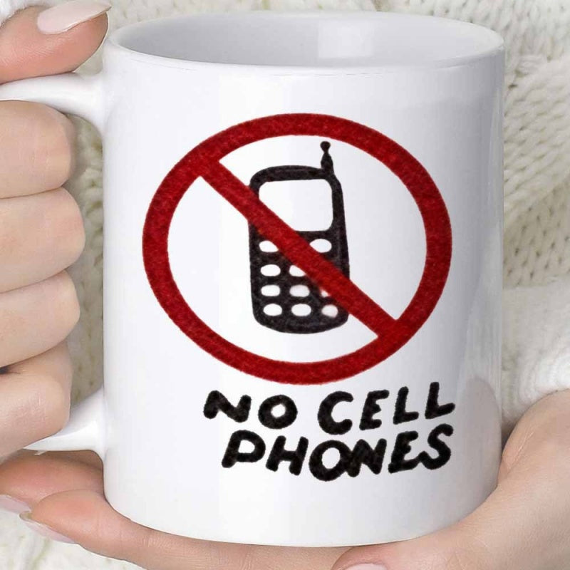 Tailorly White Ceramic 11 oz Mug - No Cell Phones Classic Red Prohibition Circle With Retro Black Mobile Phone Silhouette Sign