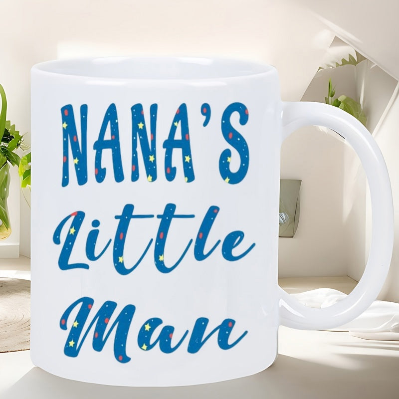 Tailorly White Ceramic 11 oz Mug - Nanas Little Man Artistic Typography Featuring Colorful Confetti Dots Among Elegant Blue Script Mug