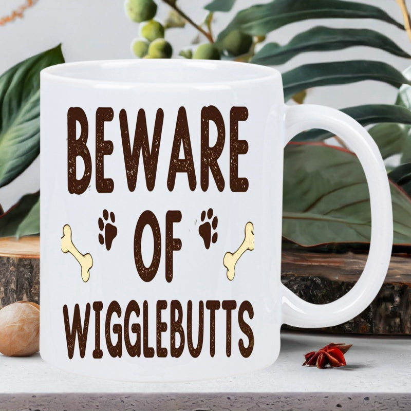 Tailorly White Ceramic 11 oz Mug - Beware Of Wigglebutts Distressed Brown Text Surrounded By Cute Dog Bones And Tiny Paw