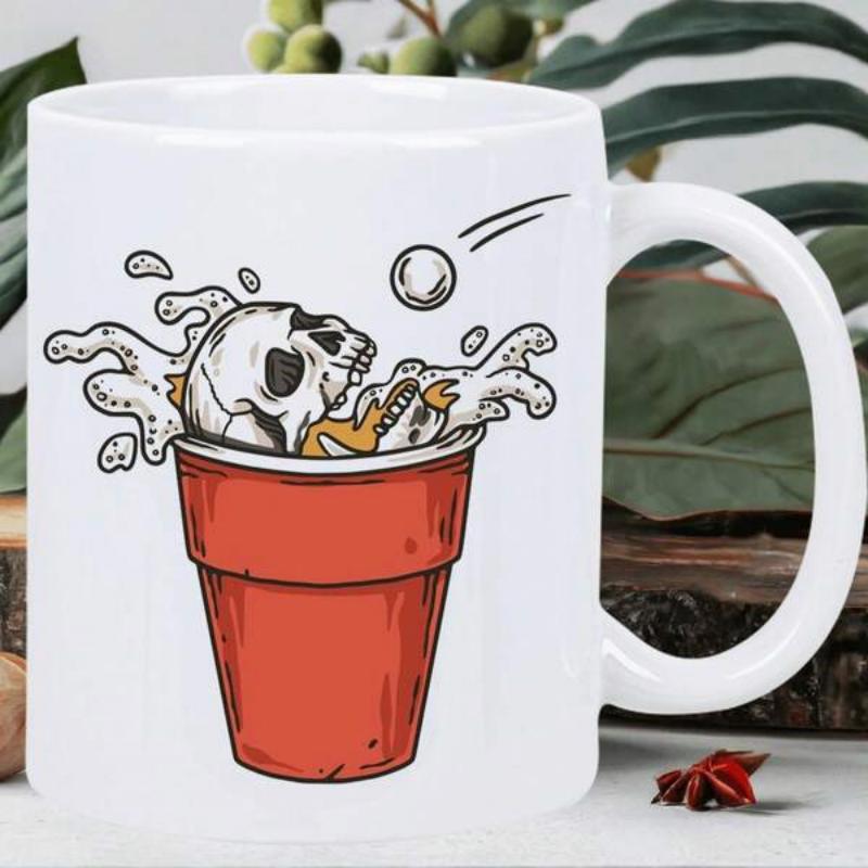 Tailorly White Ceramic 11 oz Mug - Skeletal Head Splashing Inside Party Cup Under Flying Ping Pong Ball Skull