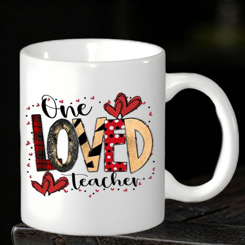Tailorly White Ceramic 11 oz Mug - One Loved Teacher Stylized Patterned Lettering Surrounded By Red Hearts And Small Dot Accents Teacher