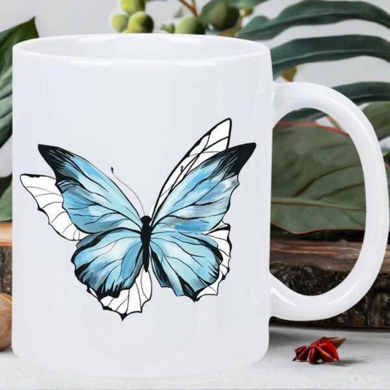 Tailorly White Ceramic 11 oz Mug - Delicate Blue Watercolor Wings With Elegant Black Outlines Among Serene White Background Butterfly