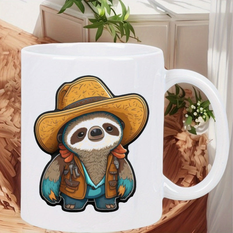 Tailorly White Ceramic 11 oz Mug - Adorable Cartoon Animal Wearing Straw Hat And Rustic Brown Farmer Overalls Sloth
