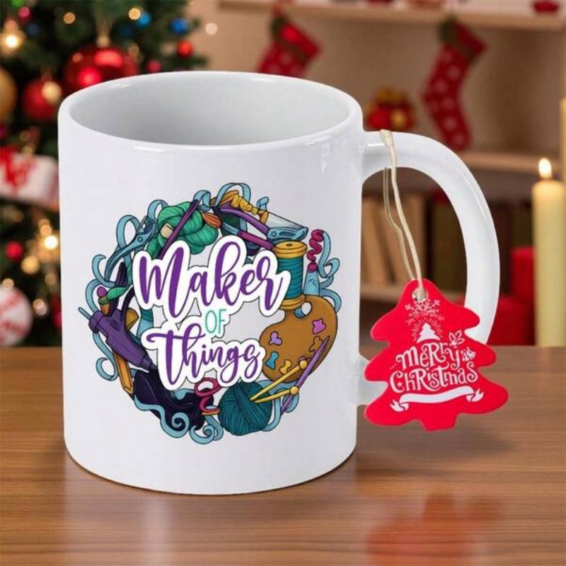 Tailorly White Ceramic 11 oz Mug - Maker Of Things Colorful Artistic Crafting Tools Arranged In A Circular Decorative Wreath Illustration