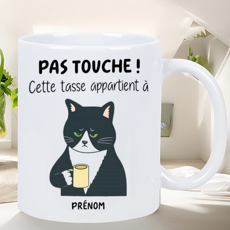 Tailorly White Ceramic 11 oz Mug - Grumpy Black And White Tuxedo Cat Holding A Tiny Yellow Coffee Mug Cat