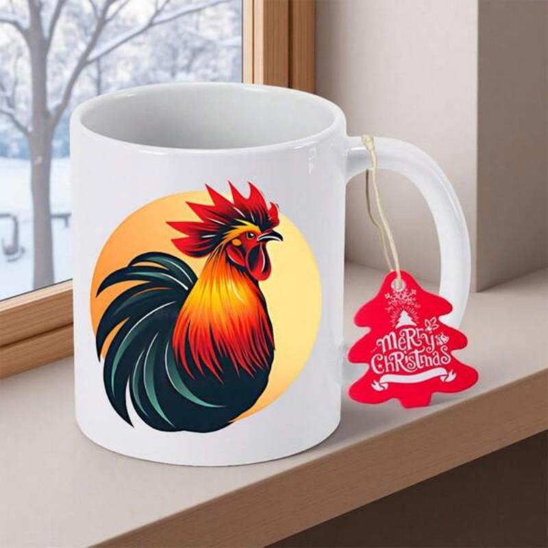 Tailorly White Ceramic 11 oz Mug - Merry Christmas Vibrant Colorful Bird With Fiery Feathers Standing Before Sun Rooster