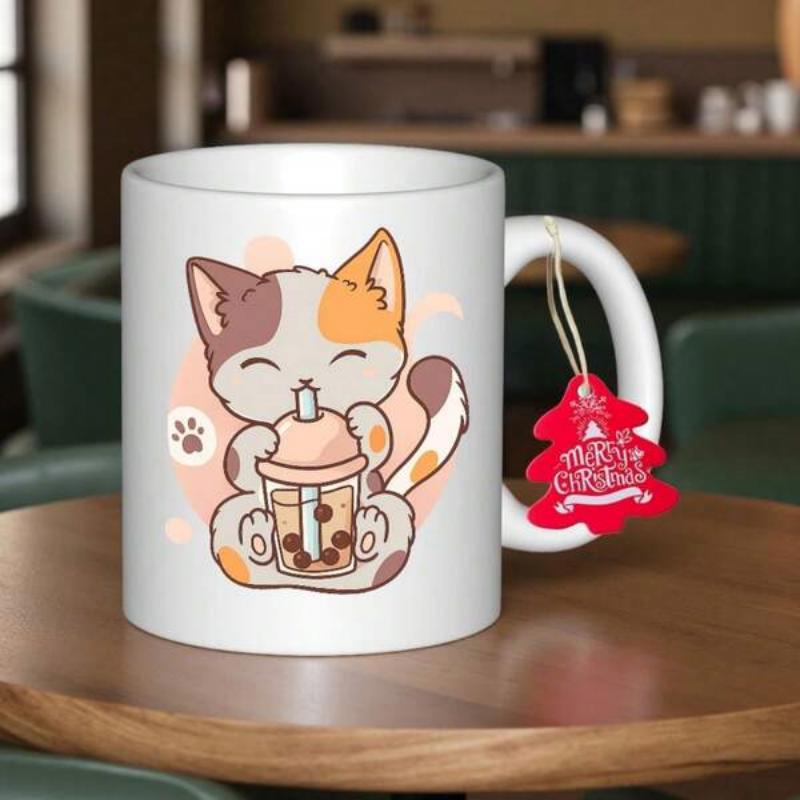 Tailorly White Ceramic 11 oz Mug - Merry Christmas Adorable Cartoon Calico Cat Drinking Delicious Bubble Tea With Pearls Sitting Cat