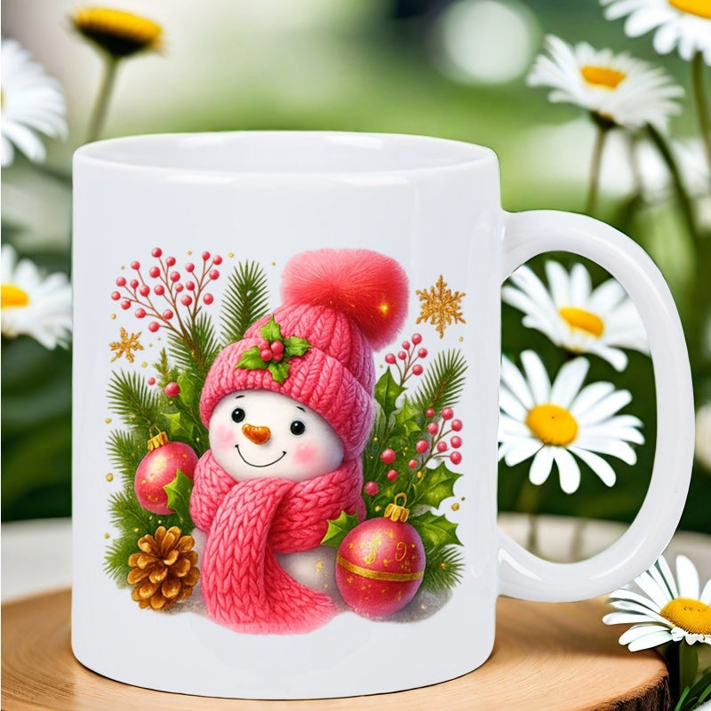 Tailorly White Ceramic 11 oz Mug - Festive Winter Scene With Pink Knitted Hat And Holly Berries Among Pine Snowman