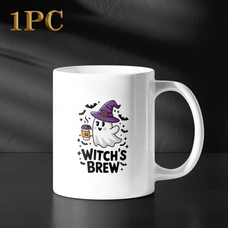 Tailorly White Ceramic 11 oz Mug - Witchs Brew Adorable Little Ghost Wearing Purple Witch Hat Holding Steaming Cup Ghost