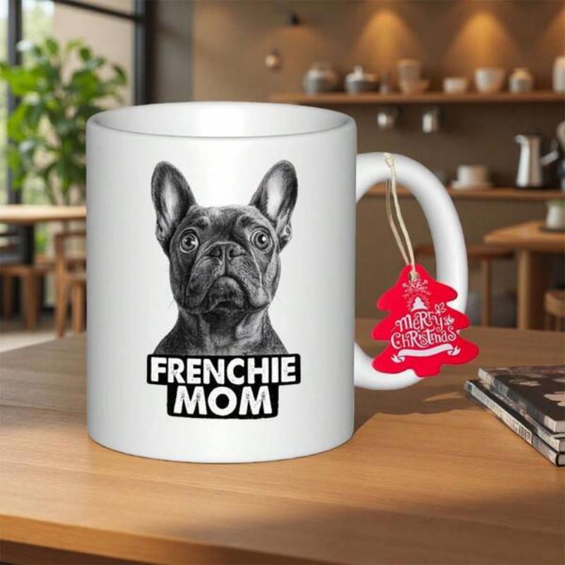 Tailorly White Ceramic 11 oz Mug - Frenchie Mom Detailed Black And White Realistic Sketch Of A French Bulldog Dog