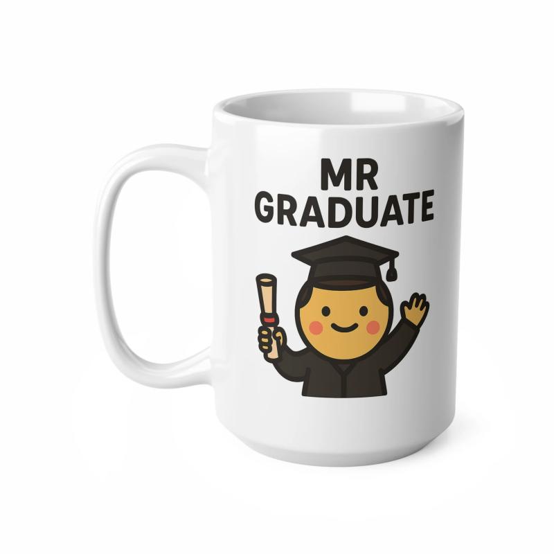 Tailorly White Ceramic 11 oz Mug - Mr Graduate Happy Cartoon Student Wearing Mortarboard And Holding A Rolled Diploma Graduate