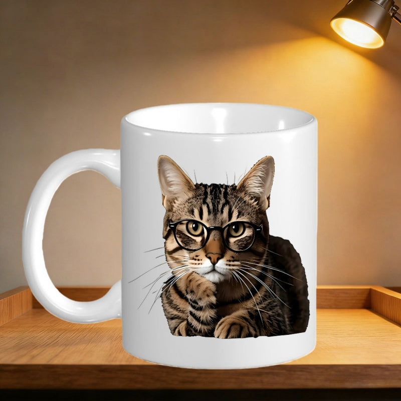 Tailorly White Ceramic 11 oz Mug - Domestic Tabby Feline Wearing Black Framed Glasses Looking Very Thoughtful Cat