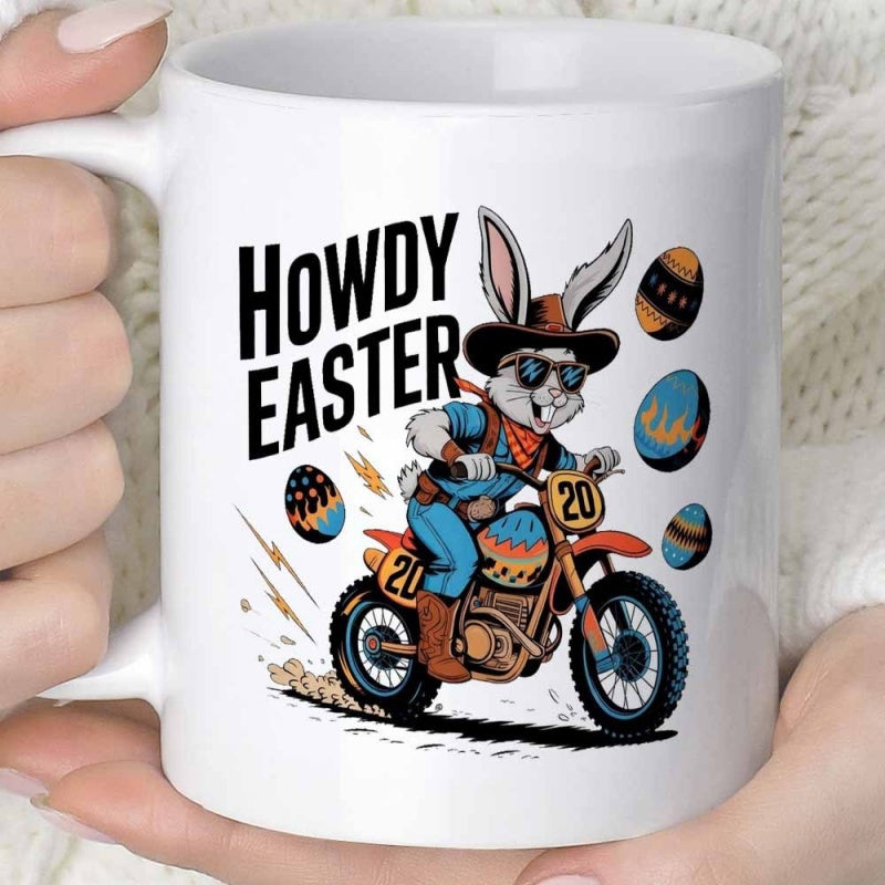 Tailorly White Ceramic 11 oz Mug - Howdy Easter Cool Cowboy Bunny Riding A Fast Dirt Bike With Floating Eggs Rabbit