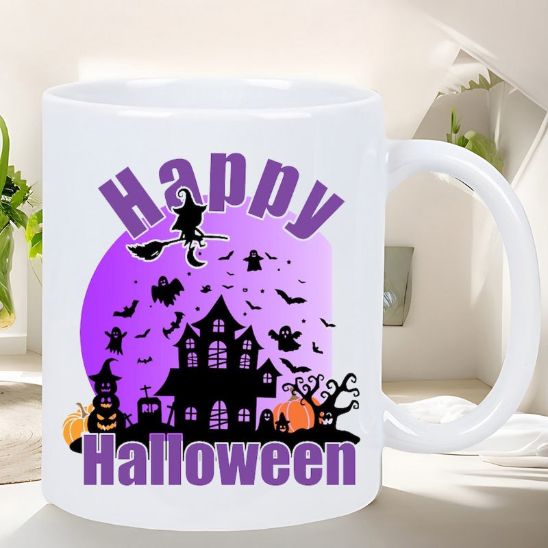 Tailorly White Ceramic 11 oz Mug - Happy Halloween Spooky Haunted House Scene With Flying Witch And Bats Under Moon House