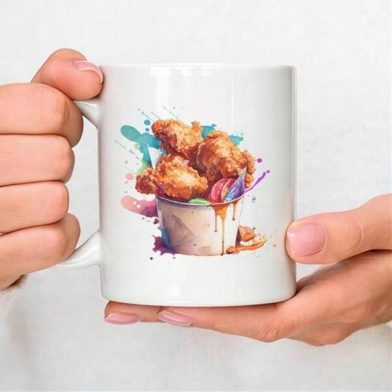 Tailorly White Ceramic 11 oz Mug - Colorful Watercolor Splatter Bucket Of Crispy Delicious Golden Fried Chicken
