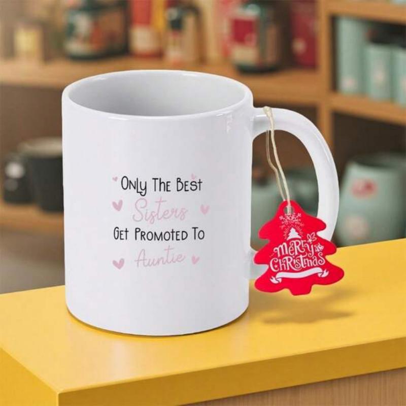 Tailorly White Ceramic 11 oz Mug - Only The Best Sisters Get Promoted To Auntie Merry Christmas Elegant White Ceramic Finish With Delicate Heart Accents And
